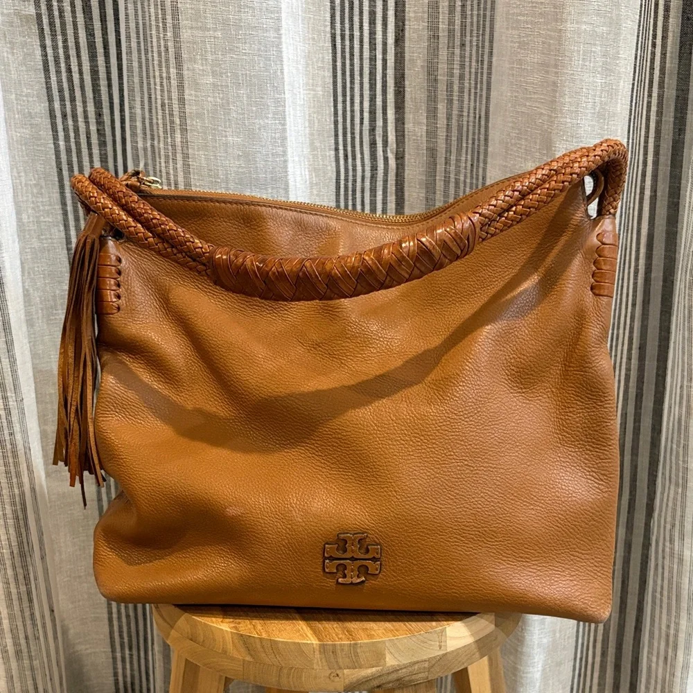Tory Burch Cognac Leather Hobo with Braided Handle and Tassel